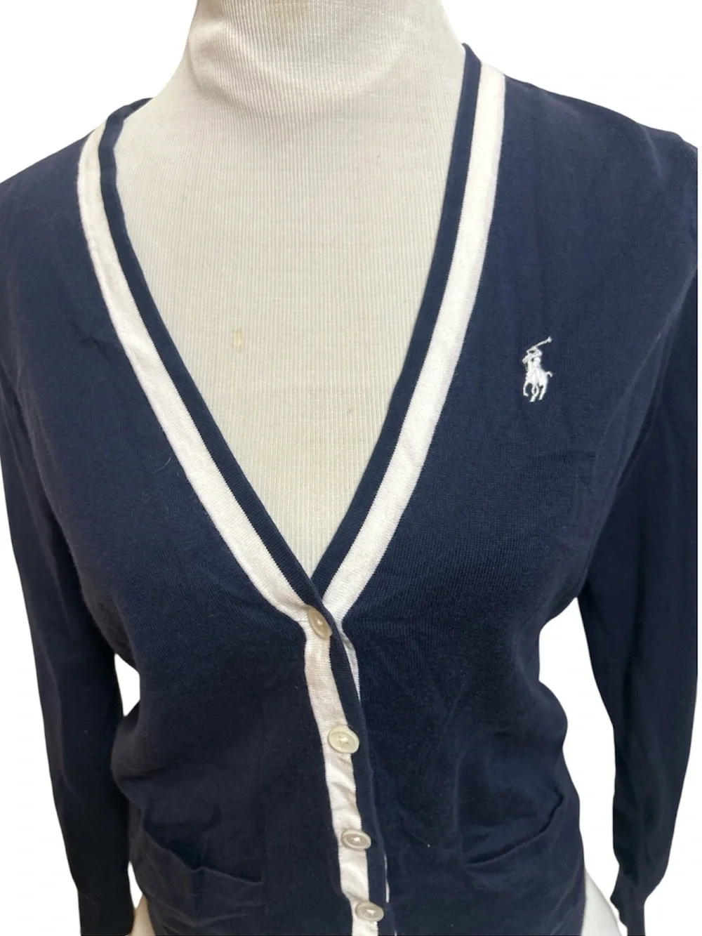 Ralph Lauren Sport Navy Blue Knit V-Neck Cardigan Sweater White Contrast Preppy